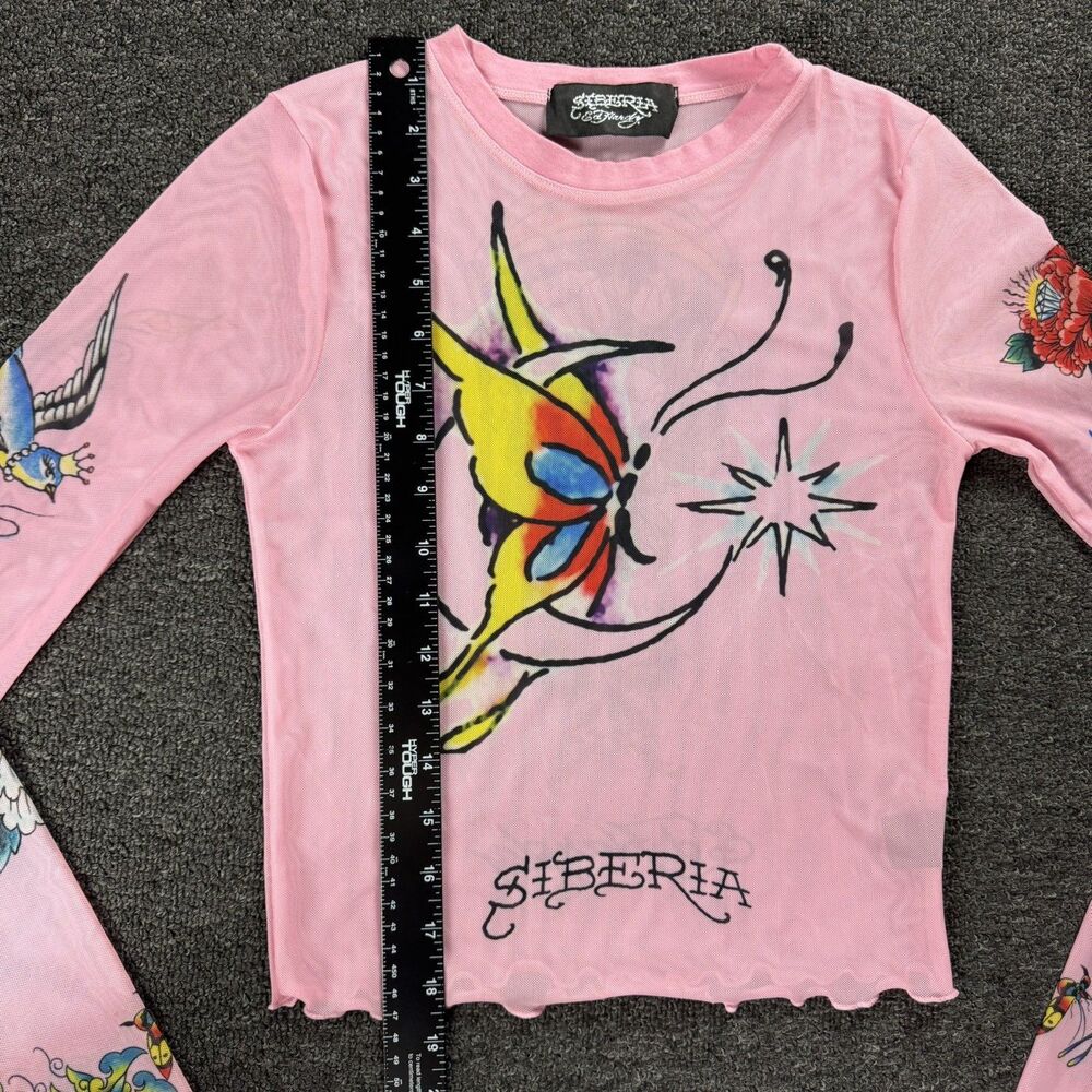 Ed Hardy X Siberia Halls Pink Mesh Tattoo Long Sleeve Top Size Sm Y2K Sheer - Picture 5 of 15